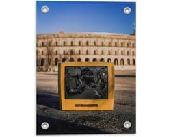 Tuinposter – Kapotte Gele Televisie  - 30x40cm Foto op Tuinposter  (wanddecoratie voor buiten en binnen)