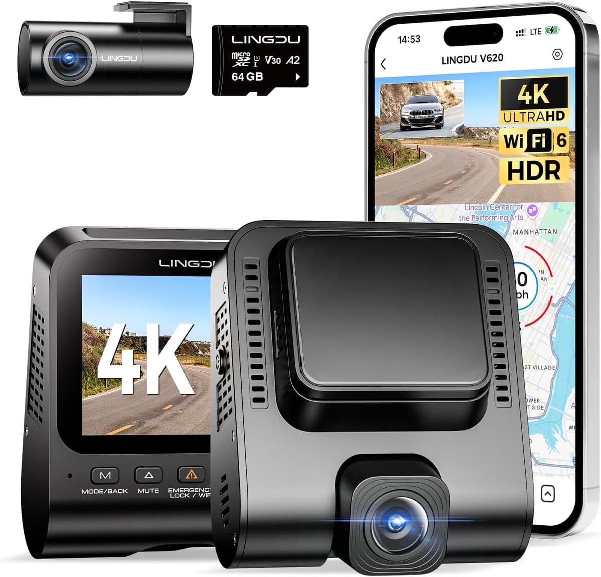 Auto Camera - Dashboard Recorder - Verkeersincidenten Vastleggen - 4K Voor en Achter - Met 64GB Kaart - Zwart — afbeelding 1