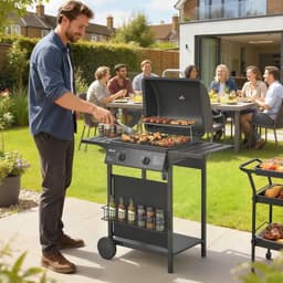 Gasbarbecue - Gasbarbecue en grill - 2 Branders - 5 kW - Grillwagen - Barbecuewagen - met Grillrooster, Wielen, Bijzettafels, Thermometer, Opvangbak en Warmhoudplaten - 99 x 56 x 95 cm - Zwart — thumbnail 4