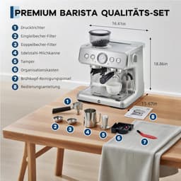 Professionele Pistonmachine met Bonenmaler en Melkopschuimer - Espressomachine met Drukmeter - 20 Bar - 2.8 Liter - Voor Espresso & Cappuccino — thumbnail 5