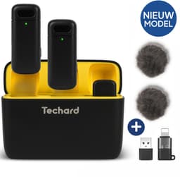 Techard Draadloze Microfoon 2 stuks met Oplaadcase Dasspeld Microfoon Lavalier Microfoon Draadloos Microfoons 2026 Model - Inclusief Windkapjes en Adapters — thumbnail 1