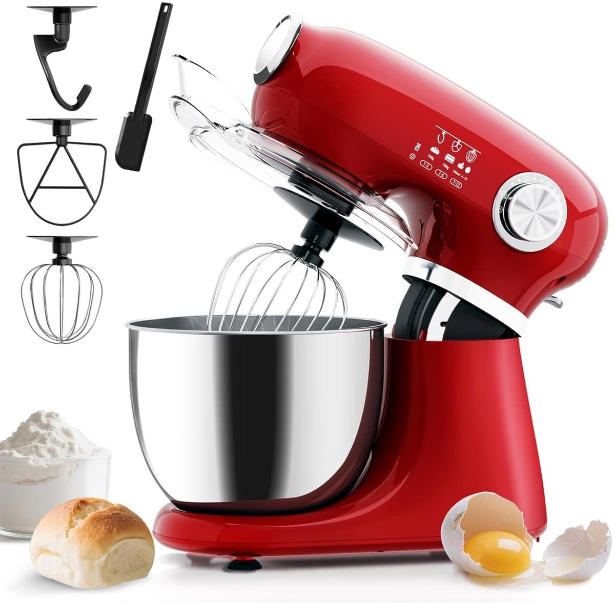 Swiss Haus® KM1905 Keukenmachine – 1000W Keukenrobot – 5L RVS Mengkom met Handgreep – 12 Snelheden – Retro Design – Multifunctionele Keukenmixer met Accessoires - Rood — afbeelding 1