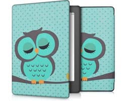kwmobile e-reader hoesje geschikt voor Kobo Aura H2O Edition 2 hoes - E reader flip case met magnetische sluiting - Ereader cover - Slapende Uil design in turquoise / bruin / mintgroen