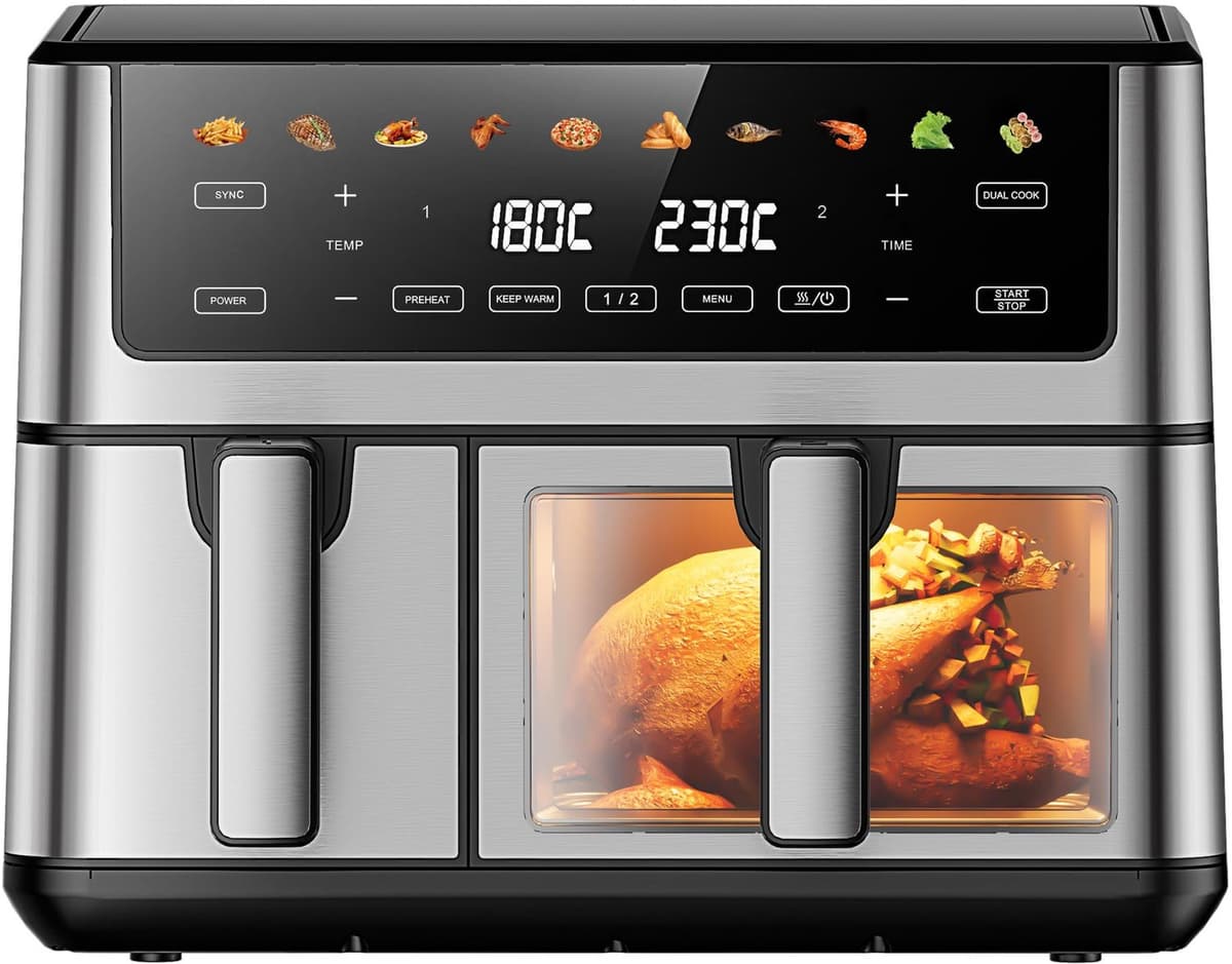 Heteluchtfriteuse Dubbele Mand 9,5 L - 2500 W Vermogen - Kunststof Materiaal - Zilver Kleur - Roosteren Toepassing — afbeelding 1