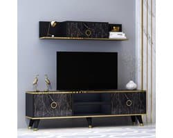 Modern TV-meubel met Wandrek - Glanzend Zwart Design Kast - 160 cm Breed