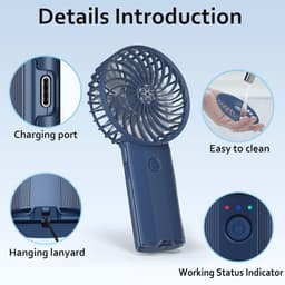 Oplaadbare Mini Handventilator met 4 Snelheden - Draagbare USB Ventilator voor Kantoor, Slaapkamer en Reizen - Stille Accuventilator (Donkerblauw) — thumbnail 3