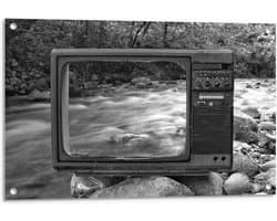 Tuinposter – Televisie op Stenen bij Rivier - 90x60cm Foto op Tuinposter  (wanddecoratie voor buiten en binnen)