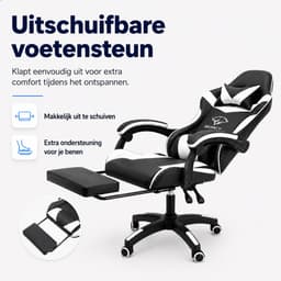 Boncy® Gaming Stoel - Comfortabele Gamestoel met Voetsteun - Game Chair Verstelbaar in Hoogte - 170° Verstelbare Rugleuning - Wit / Zwart — thumbnail 2