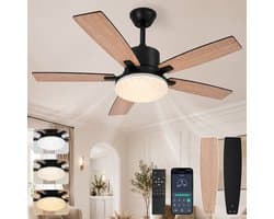 Rosnek Ø132 cm Plafondventilator met Verlichting - Houtlook & Zwarte Omkeerbare Bladen - Stille DC-Motor met Zomer en Winterstand - Dimbare LED Plafondlamp Kristallen - Afstandsbediening - 6 Snelheden — afbeelding 1