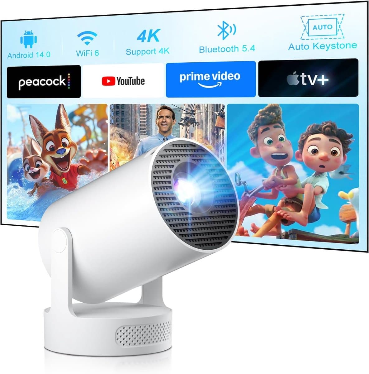 SnelShoppen - Mini Beamer 4K 1080P Projector met Android 14, WiFi6 en Bluetooth 5.4, Compact en Lichtgewicht voor Buiten en Feesten — afbeelding 1