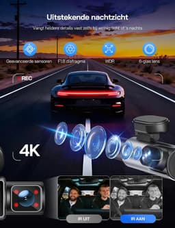 Dashcam voor auto - Zwart - 3-kanaals met 3 IPS-schermen - 4K en nachtzichtcamera - Voor voor-, achter- en binnenopname — thumbnail 3
