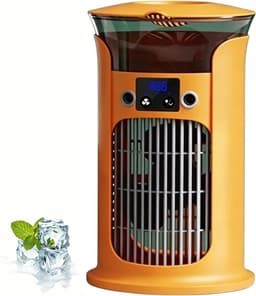 Luchtkoeler/ventilator, draagbare ventilator zonder bladen met waterreservoir van 880 ml, 3 snelheden, 180° groothoekluchtstroom en 7 LED-lampjes – stille bureauventilator (oranje) — thumbnail 1