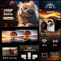 KZQ Projector - Draagbare projector - Slaapkamerprojector - 4K - Native 1080p - Autofocus & keystone-correctie - WiFi 6 & Bluetooth 5.4 - 200ANSI - 180°-rotatie - Geschikt voor thuisbioscoop en gebruik buitenshuis - Wit — thumbnail 4