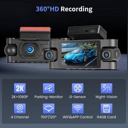 SnelShoppen - 4-Kanaals Dashcam met WiFi, 2K Voor en 1080P Achter, 360° Beveiligingscamera voor Auto met 64GB Kaart, G-Sensor, Nachtzicht, Parkeerbewa — thumbnail 5