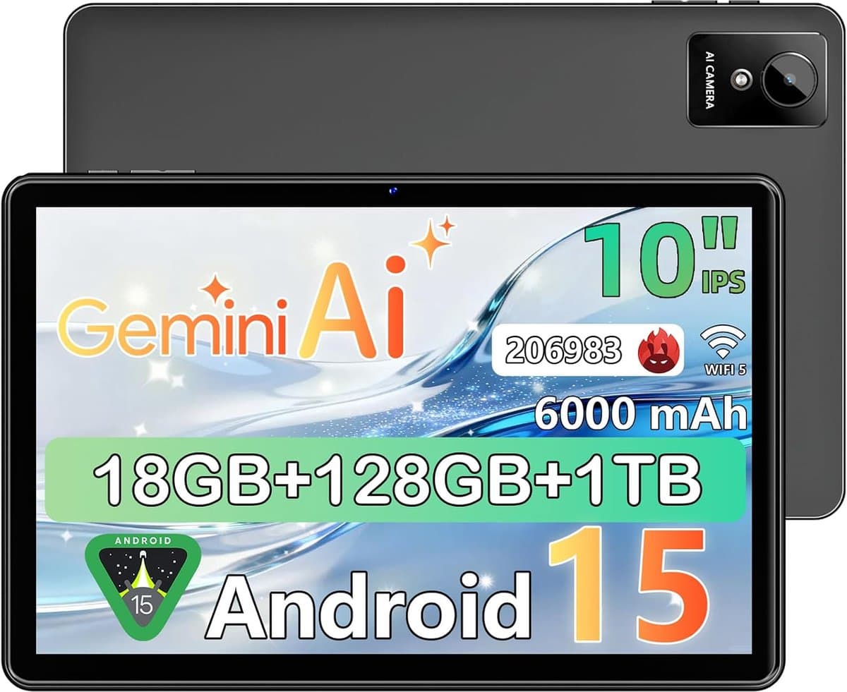 SnelShoppen - 10 Inch Android 15 Tablet - Octa-Core, 18GB RAM, 128GB ROM (1TB TF), IPS 1280x800, 5MP+8MP Camera, WiFi 5G, 6000mAh, Face ID, Google Cer — afbeelding 1