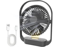 Tafelventilator 4000mAh – Draadloos en Stil – 4 Snelheden – Nachtlamp – USB-C – Tot 20 Uur – Zwart