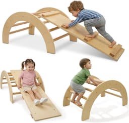 509 Crew Zoo 2-in-1 klimboog met glijbaan/klimplankset, indoor en outdoor speelhal, Montessori-klimrek, kleur: natuur — thumbnail 1