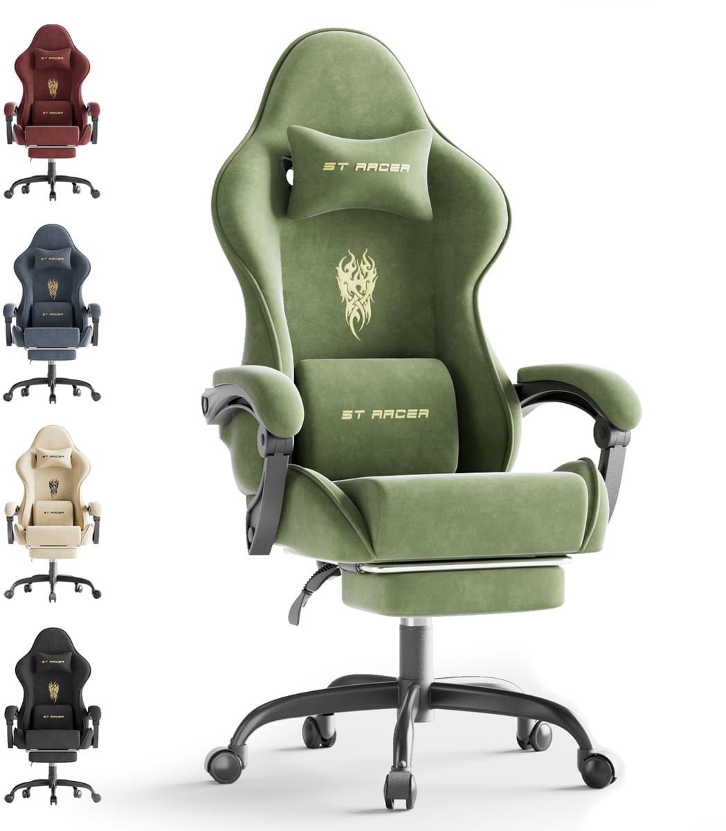 Soontrans Ergonomische Gamingstoel, Gamingstoel, Ademende Bureaustoel Gemaakt van Hoogwaardige Stof, Computerstoel Met Verstelbare Hoofdsteun en Lendenkussen, Armleuningen, Voetsteun, Race-PC-Stoel, Groen — afbeelding 1