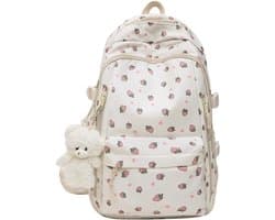Floral Strawberry Backpack - Preppy Serie - Dames Rugzak - Laptop Tas 15.6 Inch - Waterdicht Nylon - 8 Zakken - Schoolrugzak - Reistas - Lichtgewicht - Kawaii Aesthetic - Roze Bloemen Print