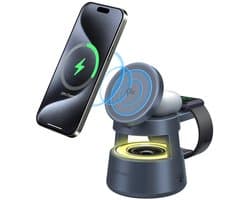 4smarts Laadstation Aura Sound - 3-in-1 Draadloze Oplader - Ingebouwde Bluetooth Speaker -Geschikt voor iPhone/Airpods/Watch - Compatibel met MagSafe / Qi2 - Dimbare LED-verlichtingichting - Grijs