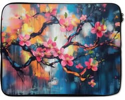 Laptophoes 17 inch - Bloemen - Tak - Artistiek - Roze - Laptop sleeve - Binnenmaat 41x28 cm - Zwarte achterkant