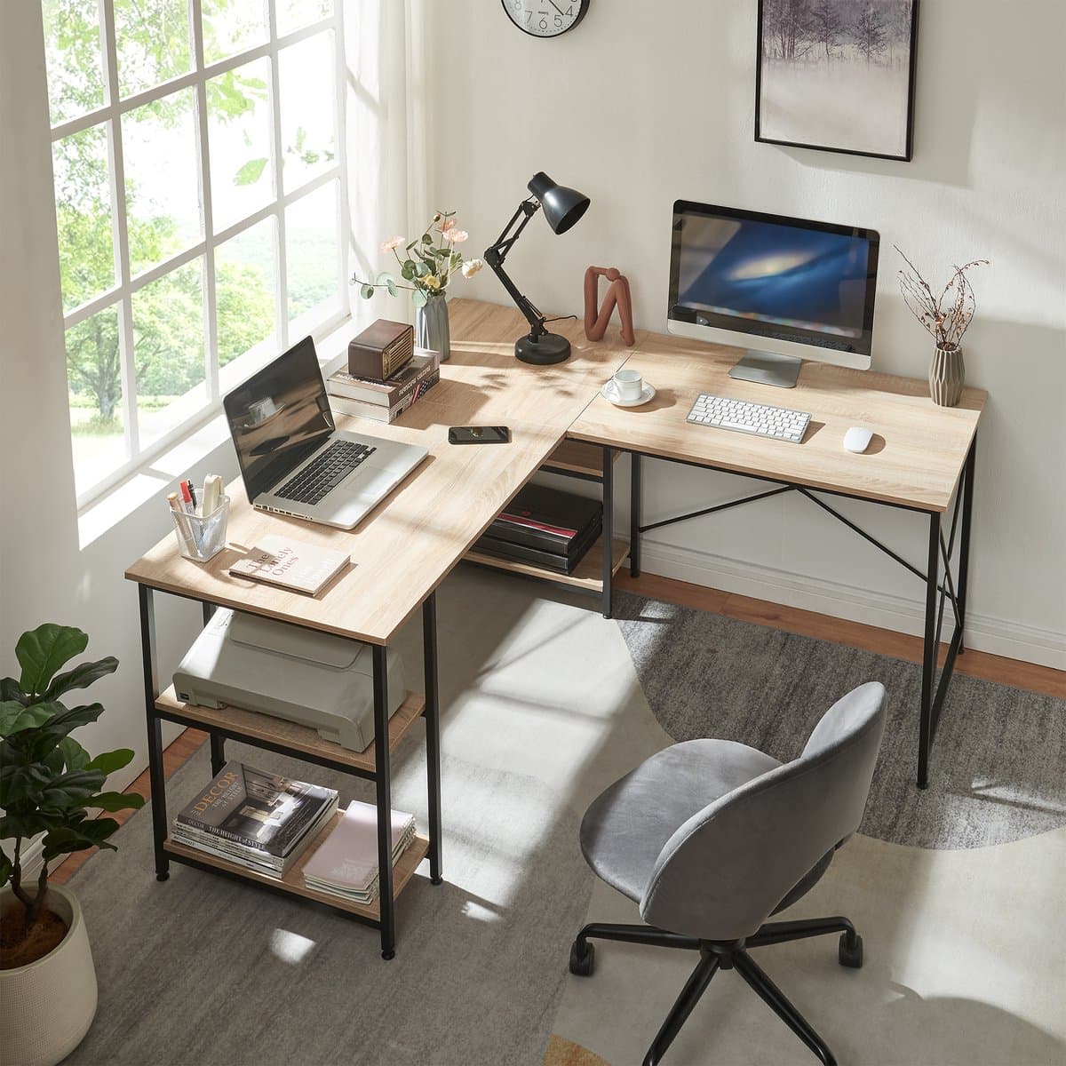 Bureau Klirurud L-vormig of recht bureau eikenkleurig en zwart [en.casa] — afbeelding 1