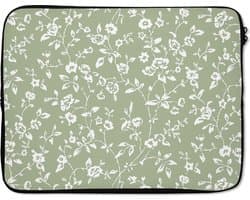 Laptophoes 15.6 inch - Bloemen - Print - Groen - Wit - Laptop sleeve - Binnenmaat 37x26 cm - Zwarte achterkant