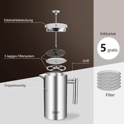 Koffiepot 304 Roestvrij Staal filter French Press System 1L 8 Kopjes - Tweelaags constructie — thumbnail 2