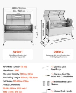 VEVOR Rotisserie Grill 38W Speenvarken Grill Lam Grill Houtskool Grill (1168,4 mm Grilllengte) met 60 Kg Draagvermogen & Wielen & 4-Voudige Hoogteverstelling & Deksel, Roestvrijstalen Elektrische Grillset Voor Kamperen — thumbnail 2