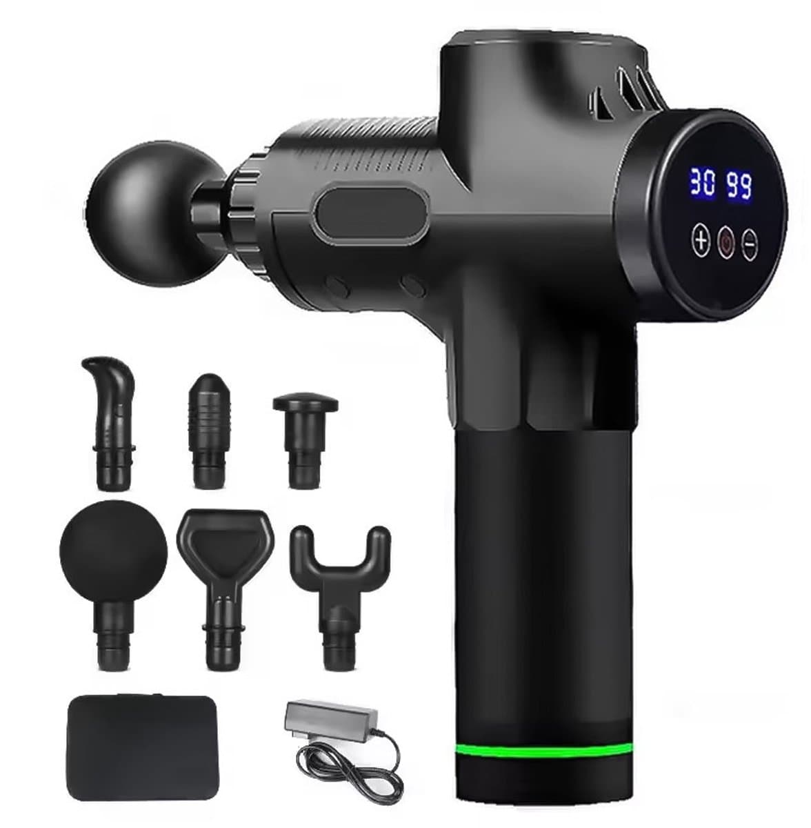 Elektrisch massagepistool, handmassageapparaat, spiermassageapparaat + 6 massagekoppen, 30 instelbare snelheidsniveaus, LED-display, zwart. — afbeelding 1