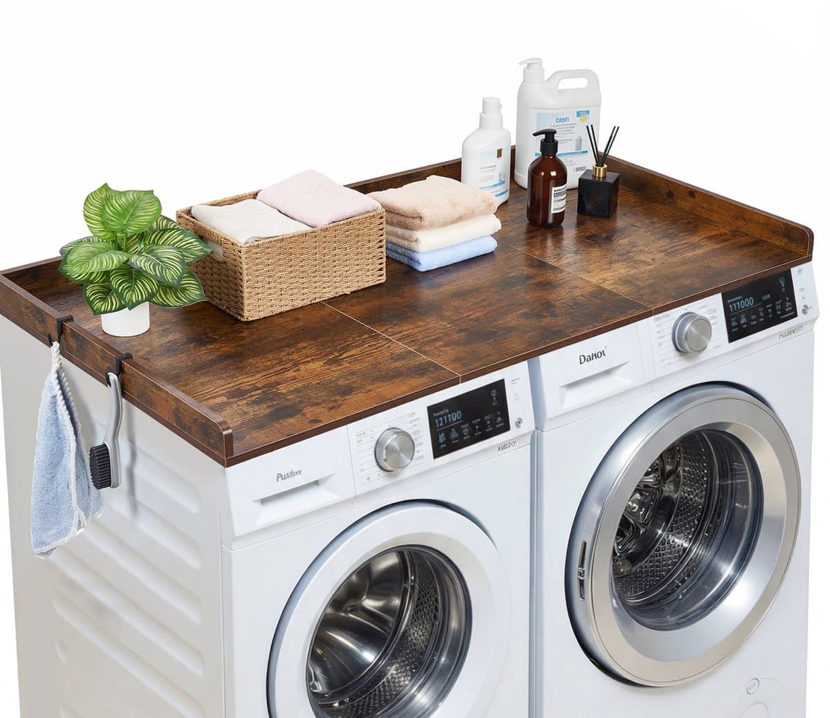 Werkblad voor wasmachine en droger - Bovenblad - 137 x 69,9 cm - Met opstaande rand - Inclusief haken - Draagvermogen 113 kg - Bruin — afbeelding 1