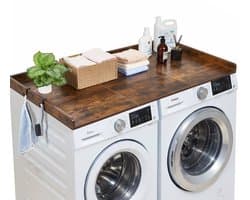 Werkblad voor wasmachine en droger - Bovenblad - 137 x 69,9 cm - Met opstaande rand - Inclusief haken - Draagvermogen 113 kg - Bruin