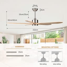 Houten Plafondventilator - Ventilator met Licht - Binnenruimtes Koelen - 5 Natuurlijke Bladen - 152 cm Diameter - Licht Khaki — thumbnail 2