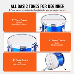 3-delig Kinder Drumstel – 14 Inch Beginner Drumset met Verstelbare Zit, Becken, Pedalen – 20 cm Tom, 25 cm Snare, 35 cm Bass Drum – Starterset voor Kinderen – Blauw — thumbnail 3