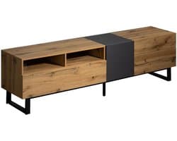 TV-meubel opbergkast geschikt voor 50-59 inch televisies met 2 open vakken 2 lades en 2 deuren 180 x 38 x 50 cm kleurcoördinatie van houtkleur en zwart