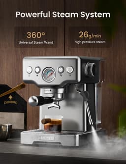 Espressomachine 15 Bar met Melkopschuimer – RVS Zeefdrager Koffiemachine met Manometer, 1.8L Watertank & Barista Kit — thumbnail 4