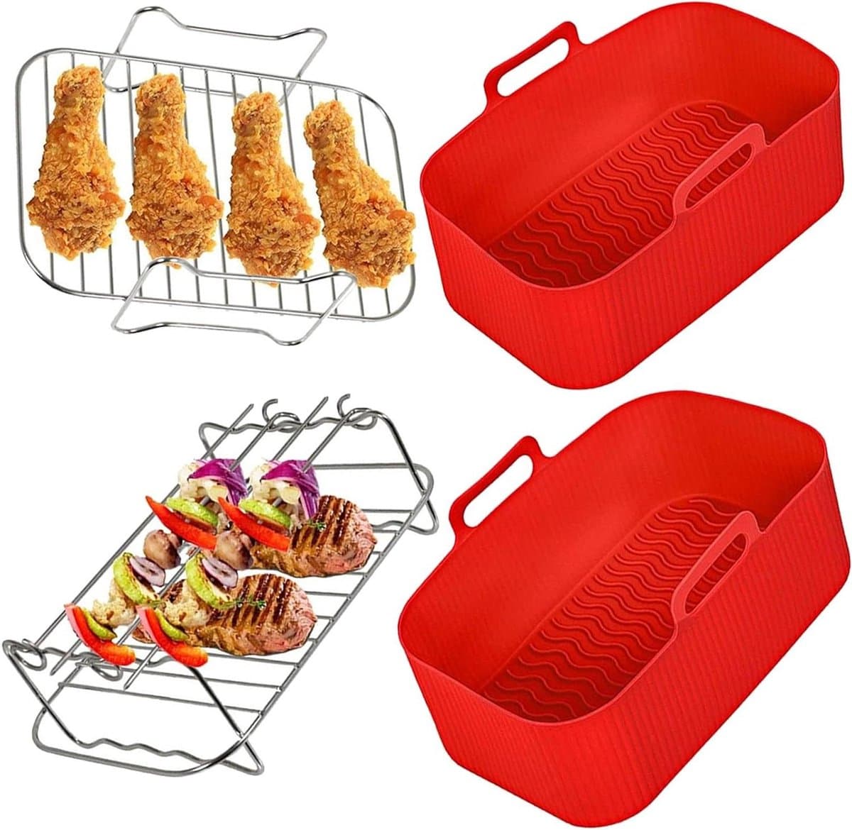 Airfryer Accessoires Set - Luchtfriteuse Manden - Sneller Koken - Roestvrij Staal & Siliconen - 8L Compatibel - Zilver — afbeelding 1