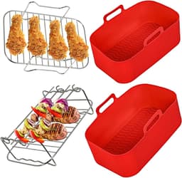 Airfryer Accessoires Set - Luchtfriteuse Manden - Sneller Koken - Roestvrij Staal & Siliconen - 8L Compatibel - Zilver — thumbnail 1