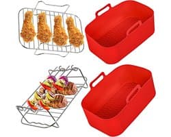 Airfryer Accessoires Set - Luchtfriteuse Manden - Sneller Koken - Roestvrij Staal & Siliconen - 8L Compatibel - Zilver