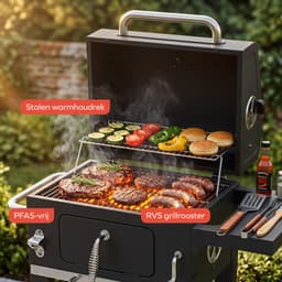 KitchenBrothers Houtskool BBQ Midi - Barbecue Houtskool - RVS Grillroosters - PFAS-Vrij - Met Aslade - 30x40 cm Grilloppervlak - Zwart — thumbnail 4