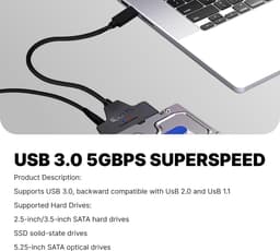 SATA USB Adapterkabel - Externe Harde Schijf Adapter - Data Overzetten - UASP Ondersteuning - 5Gbps - Zwart — thumbnail 4