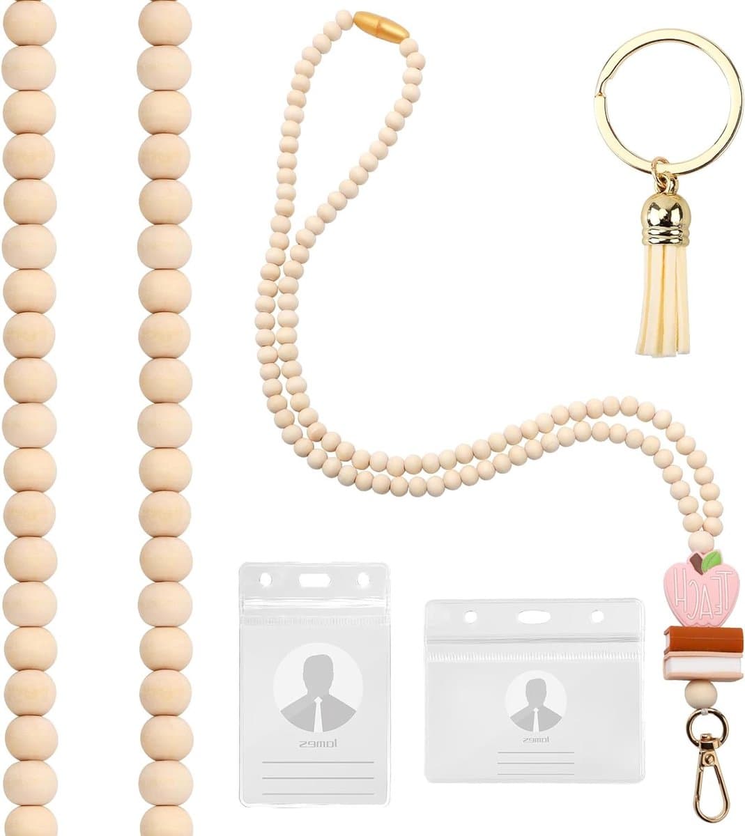 Lanyard voor docenten met ID-houder, houten kralen, schattige lanyard voor vrouwen, sleutelhangers en kaarten, ideaal voor schoolgebruik — afbeelding 1