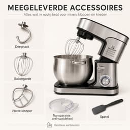 Kadoland® 12L Stand Mixer – Deegmachine 2000W – Keukenmachine voor Zwaar Deeg – 6 Snelheden + Pulse – RVS Mengkom – Inclusief Deeghaak, Garde, Klopper en Spatel — thumbnail 3