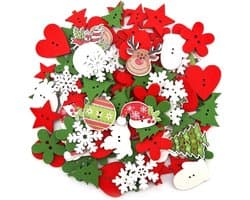 100 Stuks Houten Kerstknopen voor DIY Kunstprojecten, Naaiknopen met 2 Gaten, Versieringen in Diverse Maten en Stijlen
