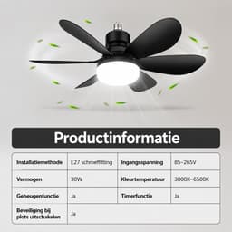 Pelor Plafondventilator met Verlichting E27 - LED Ventilatorlamp met Afstandsbediening - 3 Snelheden - 42 Inch - Zwart — thumbnail 3