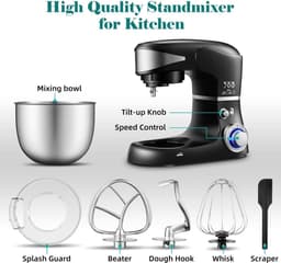 Keukenmachine - Mixer Robot - Bakken Koken - Planetair Mengsysteem - 6 Liter Kom - Zwart — thumbnail 4