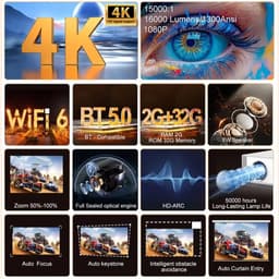 Projector Full HD 1080P - Beamer met Android 9 en WiFi 6 - Thuisbioscoop voor Films Gaming en Presentaties - Kunststof - Wit - Ondersteunt 4K Ingang en 40 tot 123 Inch Projectie - Autofocus Bluetooth 5.0 en Keystone Correctie — thumbnail 2