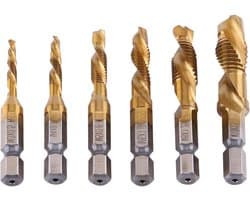 6-delige combinatie boor- en tapset met metrische draad M3-M10, titanium gecoate HSS boren en tappen, 1/4" hex schacht voor precisiewerk