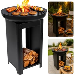 Cheqo® Vuurkorf met BBQ - Barbecue Roestvrij Staal - Grillring - Plancha Grill - Vuurschaal - Buitenkeuken met Houtopslag - 2-in-1 Grill en Terrashaard - Inclusief Teppanyaki Plaat — thumbnail 1