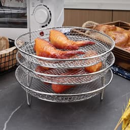 Luchtfriteuse rek - Rond roestvrij stalen dehydrator accessoires - 3 lagen stapelbaar - met silicone voeten en tong - geschikt voor 4.8L-6.6L toren. — thumbnail 6